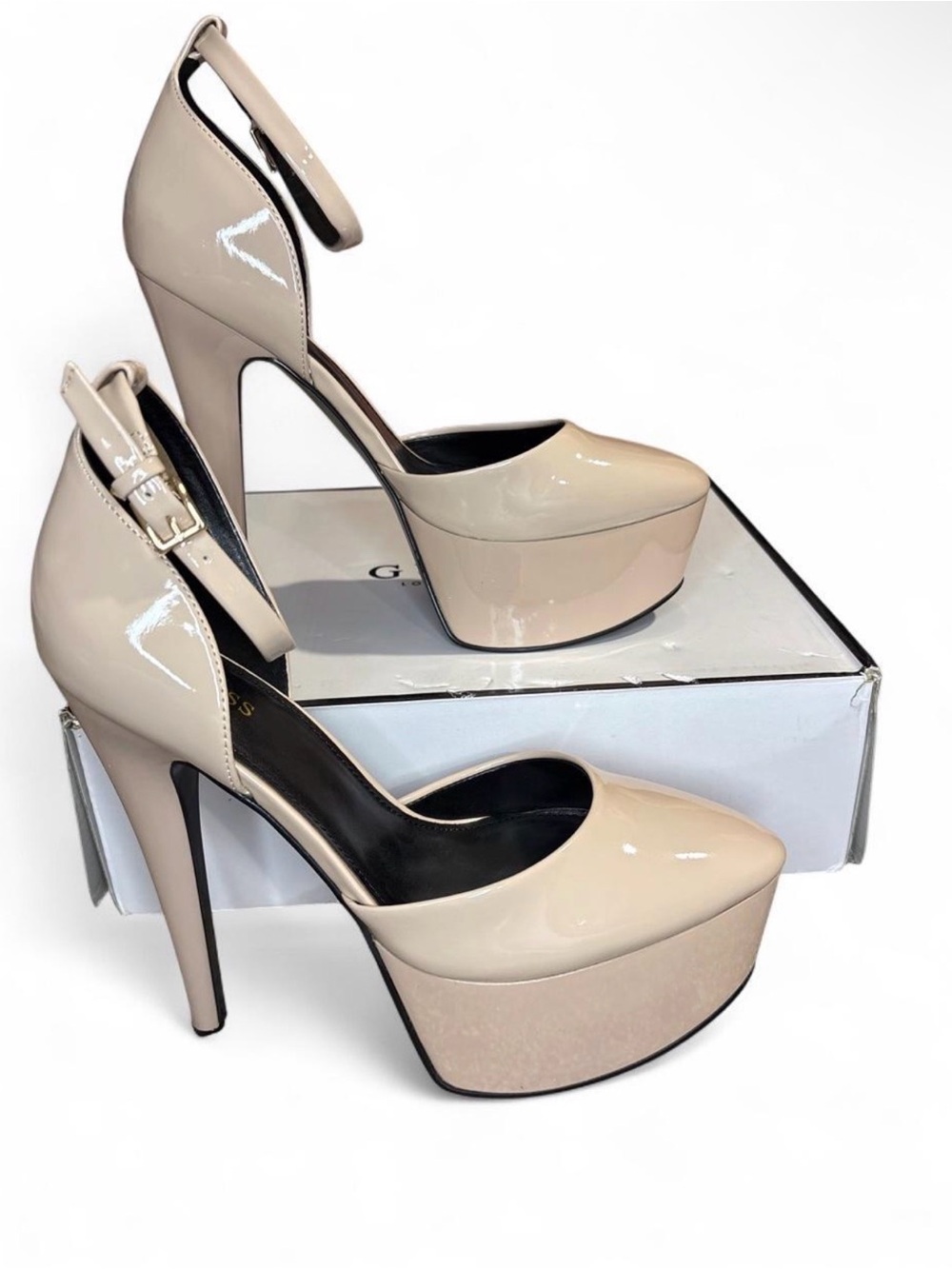 Guess Nude Patent Platform Ankle-Strap Pumps